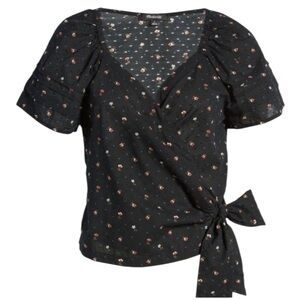 Madewell Black Floral Wrap Top with Subtle Pink & Cream Blossoms
